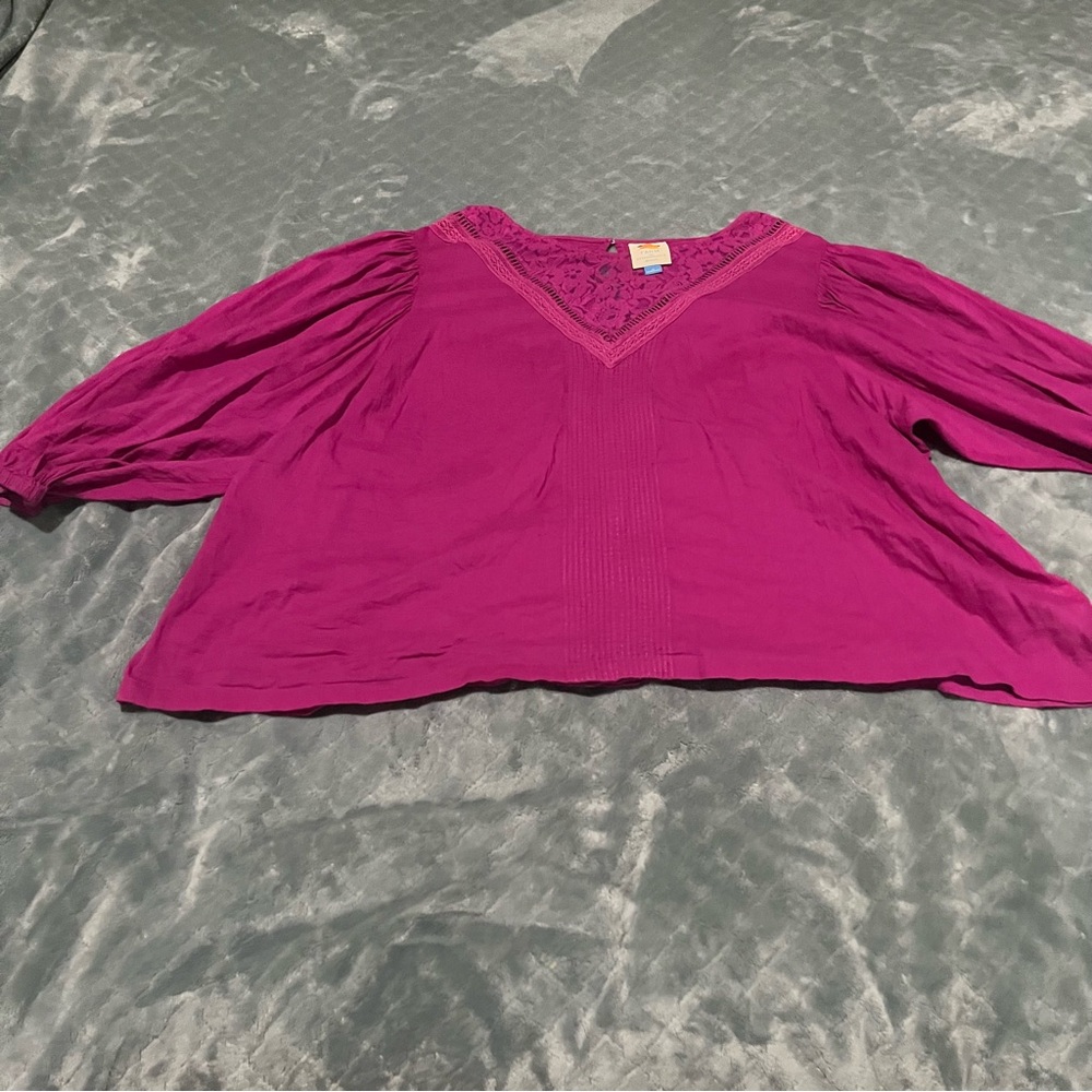Free People Magenta Lace Yoke Puff Sleeve Cotton Blouse Top Pink Purple Boho